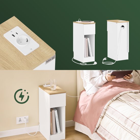 SoBuy Slim Nachtkastje met Oplaadstation, Smal Bijzettafeltje met Standaard Stopcontact, USB-poort en Type-C Poort voor Slaapkamer en Woonkamer, B20 x D35 x H60 cm, Wit, FBT111-E-WN