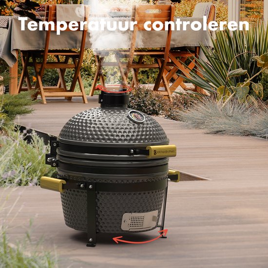 KitchenBrothers Kamado BBQ - 16 Inch Houtskool Barbecue - 34⌀ cm - PFAS-vrij - Deluxe Set - Egg BBQ met Accessoires - Grijs