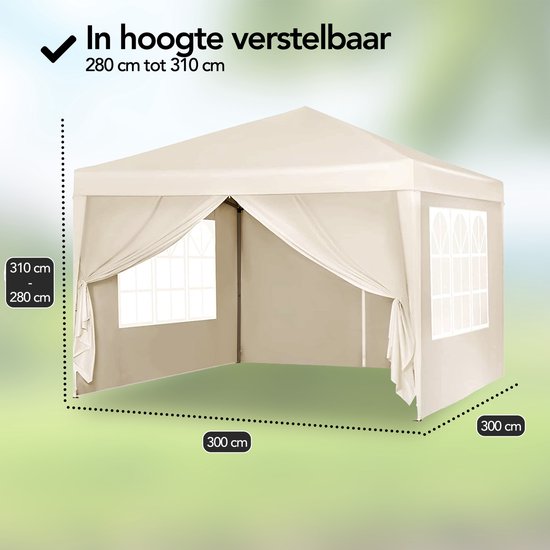 Brixy Partytent - Paviljoen - Easy Up - Opvouwbaar - Met Zijwanden - Waterdicht - Met Draagtas - 300 x 300 cm – Crème