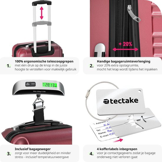 tectake® - 4-delige kofferset met harde schaal - Reiskofferset met wielen - ABS - Telescopisch handvat en slot - Inclusief bagageweger - Trolleymaten S-M-L-XL - Rood