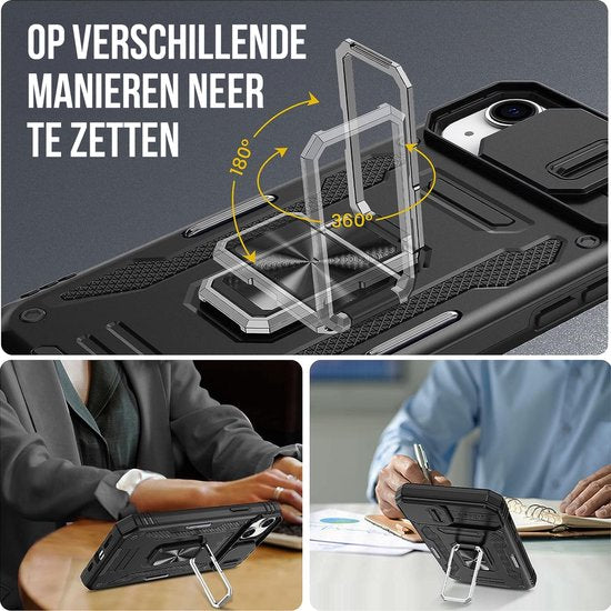 Podec Hoesje geschikt voor iPhone 14 Zwart Telefoonhoesje - Anti-Shock Case Cover Hybrid Armor Hoes met Kickstand Ring met Screenprotector