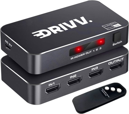 Drivv. HDMI Switch 4K 60Hz – 3 ingangen 1 uitgang - Incl Afstandsbediening - Automatisch Schakelen - 780/1080p/4K - Zwart