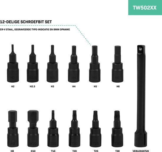 VONROC Momentsleutel ¼” - 265mm - 5-25Nm – Incl. 12-delige bitset (8 x Inbus, 4 x Torx) en 100mm verlengstuk - in stevige opbergkoffer