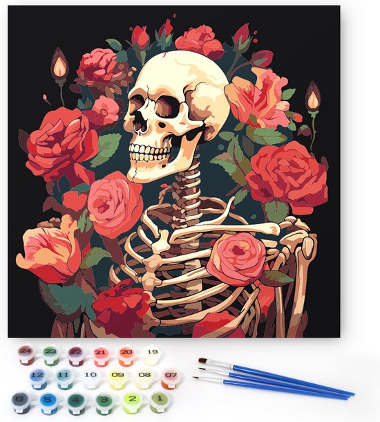 Rubye® Schilderen op Nummer Volwassenen - Schilderen op Nummer Kinderen - Skelet & Rozen – Inclusief Verf en Penselen – Canvas Schildersdoek - Kleuren op Nummer - 30x30cm