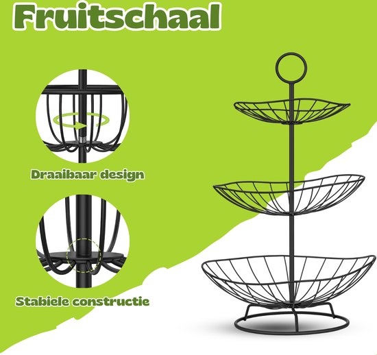 Vaive Chique Fruitschaal 3 laags - Fruit Etagere - Fruitmand - Etagères - Zwart