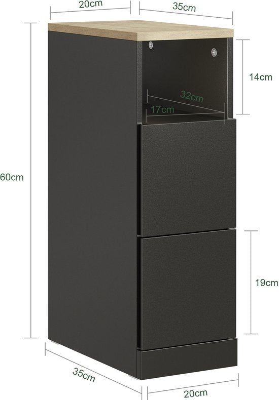 SoBuy Smal nachtkastje, dunne Bijzettafel met 2 laden en open vak, voor Woonkamer, Slaapkamer of Kantoor, 20x35x60cm, zwart, FBT149-SCH