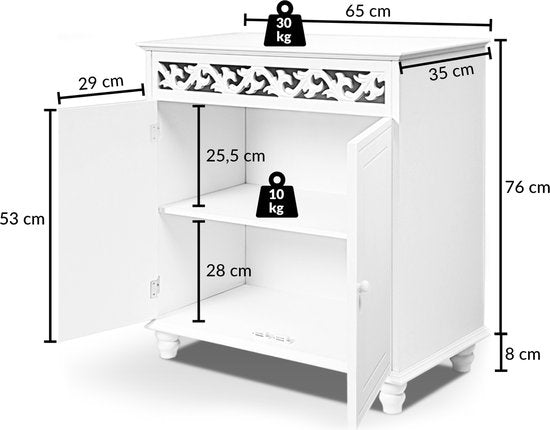 Dressoir Jersey – 2 Deuren 2 planken 76x65x35cm - Landhuisstijl Wit