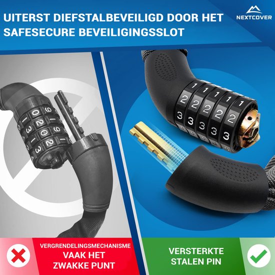 NEXTCOVER® Cijferslot Fietsslot - Het origineel - [SAFESECURE] Hoge veiligheid - Fietssloten met 5-cijferige cijfercode, cijferslot fiets staal - Fietsslot perfect voor e-bike - Kettingslot Zwart