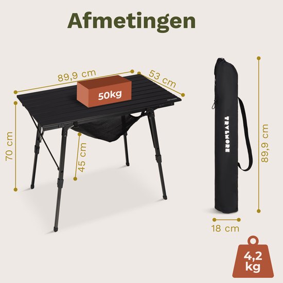 TRVLMORE Campingtafel Verstelbaar - 90x52x71cm - Inklapbare Tafel met Aluminium Frame - Lichtgewicht - Kampeertafel - Klaptafel - Zwart