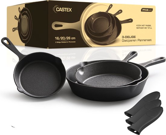 Castex Gietijzeren Pan Tri-Set - Cast Iron Skillet - Koekenpan - Koekenpannen - Koekenpannenset - BBQ - Pannen - Pannenset - Inductie