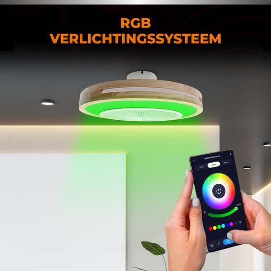 WERYOU® illuminAIR Plafondventilator - Plafonniere - Plafondventilator met verlichting - Plafonniere - Ventilator lamp - RGB Ledlamp - Incl Afstandsbediening - Hout Design