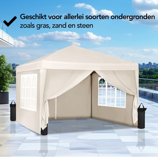 Brixy Partytent - Paviljoen - Easy Up - Opvouwbaar - Met Zijwanden - Waterdicht - Met Draagtas - 300 x 300 cm – Crème