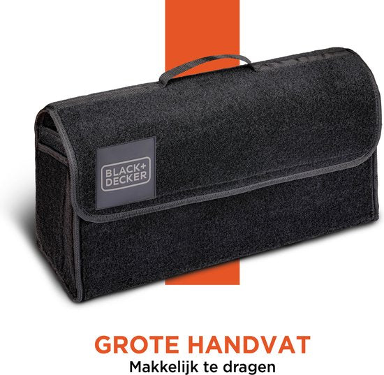 BLACK+DECKER - Kofferbak Organizer - Kofferbak Tas - 55 x 15 x 23 CM - 1 Groot Vak en 2 Insteekvakken - Boodschappen en Auto Accessoires - Met Klittenband - Zwart