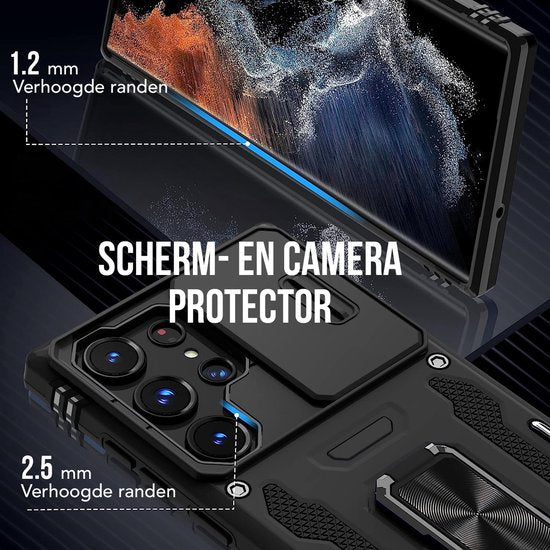 Podec Hoesje met Screenprotector - Geschikt voor Samsung Galaxy S23 Ultra - Zwart Telefoonhoesje - Anti-Shock Case - Hybrid Armor Hoes met Kickstand Ring