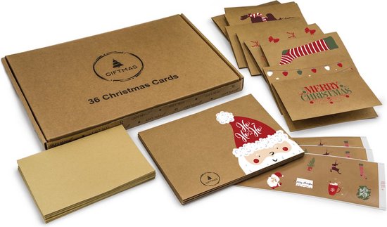 Giftmas Kerst Collectie – Wenskaarten & Kerstkaarten Set – 36 Groetenkaarten met 12 Designs – Inclusief Enveloppen en Stickers – Kraft Papier met Zwarte Bedrukking Voor Feestdagen – 20×15 cm