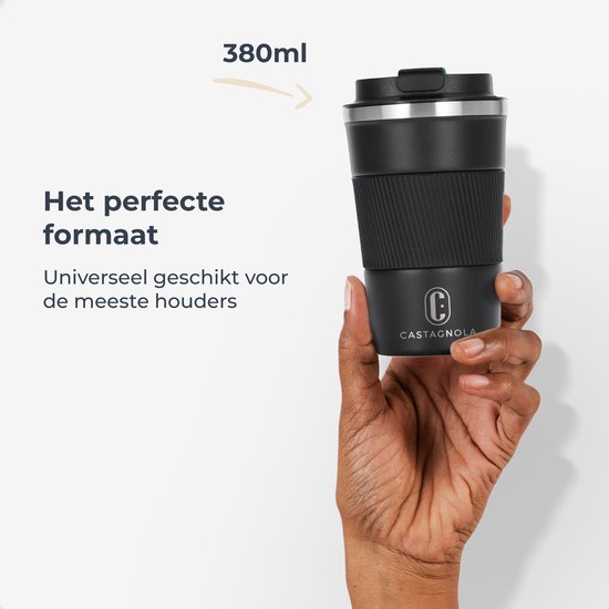 Castagnola Thermosbeker - Koffiebeker To Go - Travel Mug voor Koffie en Thee - Theebeker - 380 ML - RVS - Zwart