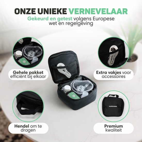 Vulpes Goods® HealthCare - Aerosoltoestel - Ultrasone Vernevelaar Inhalator – Nebulizer - Inhalatieapparaat voor Kinderen, Volwassenen & Baby’s – Helpt tegen Luchtwegaandoeningen - Incl. 3 mondstukken & luxe reistas