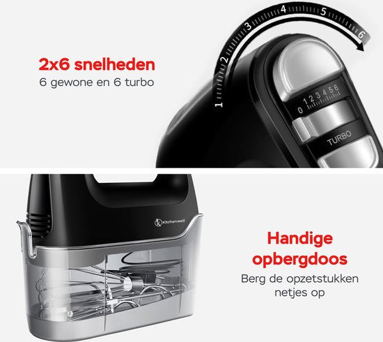 Kitchenwell Handmixer - 6 snelheden en turbofunctie - 400W – Kloppers & Deeghaken & Garde - Incl. opbergdoos