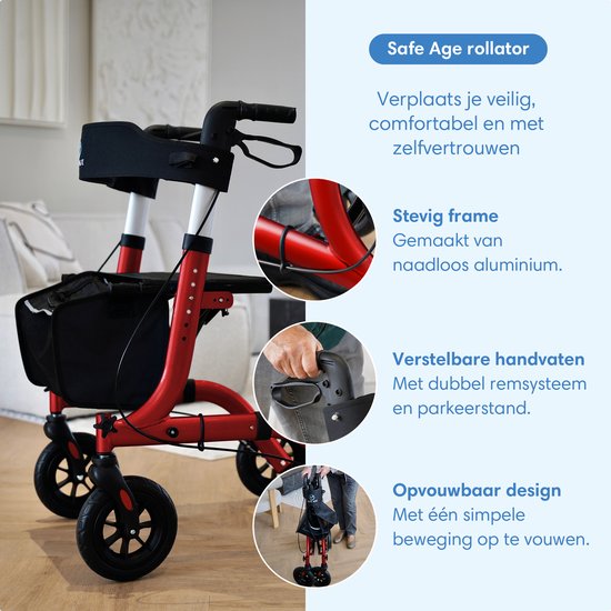 Safe Life® Rollator lichtgewicht en opvouwbaar - zitfunctie - voor binnen en buiten - Rugleuning en wandelstok houder - Rood
