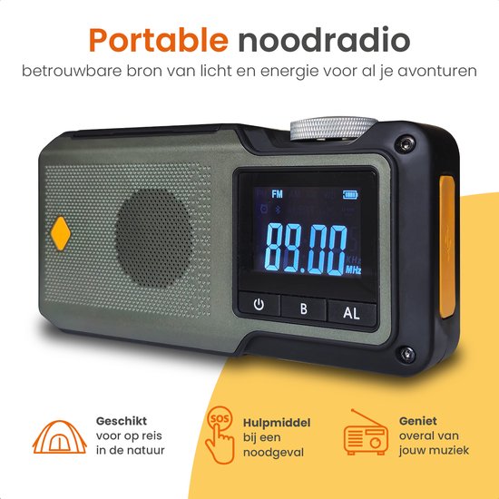 Goliving Noodradio - 17 x 9 x 4 cm - Draagbare Radio - Powerbank Zonneenergie Solar Opwindbaar - Zaklamp Oplaadbaar - Digitale Wekker - Bluetooth - 10000 mAH - 80 dB - Zwart