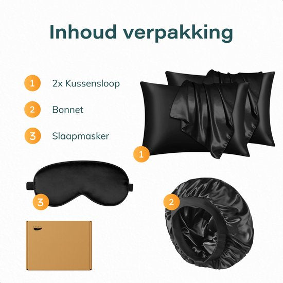 Satijnen kussensloop set - 50x70 - Incl. bonnet en slaapmasker - Zwart - Satijn - Zijden - Beauty - Silk - Zachte - Satin - Moerbij zijden