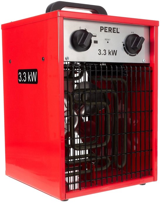 Perel Elektrische ventilatorkachel 3300W, 2 warmtestanden, thermostaat en koelstand, IP24, met oververhittingsbeveiliging, compacte draagbare heater voor werkplaats, garage, hobbyruimte