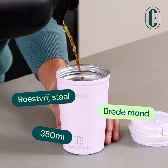 Castagnola Thermosbeker - Koffiebeker To Go - Reismok voor Koffie en Thee - Theemok - 380 ML - RVS - Paars