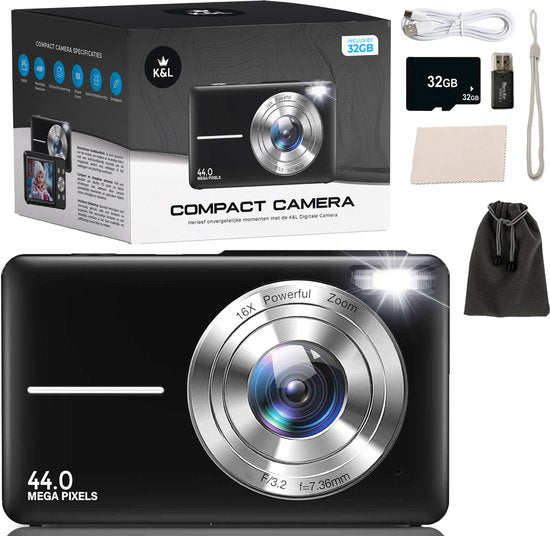 K&L Digitale Camera - Fototoestel - Fotocamera - Compact Camera - Vlog Camera - Voor Kinderen - Inclusief 32GB - NL Software