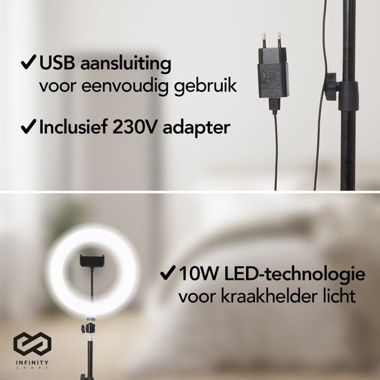 Infinity Goods Ring Light Met Statief - LED - 3 Kleuren - Verstelbaar Statief Tot 186m - Inclusief Stekker - Selfie Ringlight voor Tiktok / Instagram / Youtube / Streaming / Thuis Werken - Zwart