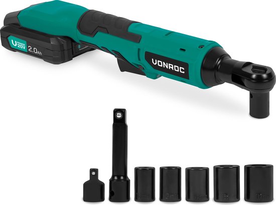 VONROC Accu ratelsleutel – 20V – 50Nm – 3/8” – incl. 8-delige doppenset – Incl. 2.0Ah Accu en snellader – ook voor handmatig gebruik – ideaal voor moeilijk te bereiken bouten en moeren.