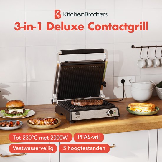 KitchenBrothers Contactgrill Deluxe - Grill Apparaat - Uitneembare Grillplaten - Panini Grill - 5 hoogtestanden - 2000W - RVS