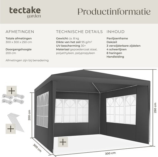 Tectake Partytent - Paviljoen - Opvouwbaar - Met Zijwanden - Waterdicht - 300 x 300 cm – Grijs