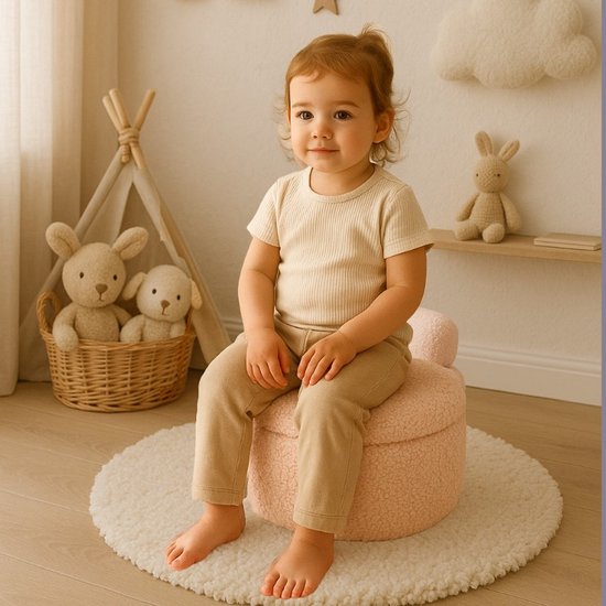 Ceruzo Kinderpoef – Roze Opbergstoel – Teddy Boucle– Zachte rugsteun- Ø 35 -H28 cm