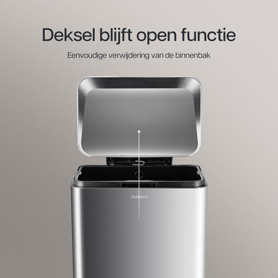 Deleca Prullenbak Prestige - 50 Liter - Breed - RVS Vuilnisbak / Afvalemmer / Pedaalemmer - Met Voetpedaal en Slow Close - Mat Zilver