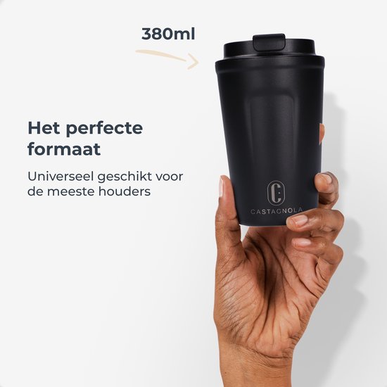 Castagnola Thermosbeker - Koffiebeker To Go - Reis Mok voor Koffie en Thee - Theebeker - 380 ML - RVS - Zwart