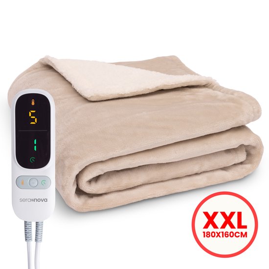 Seranova Elektrische Deken XXL - Extra Warmtedraden - Premium Model - 180x160 cm - 2 persoons Warmtedeken - Dubbelzijdig Fleece Sherpa - Crème beige