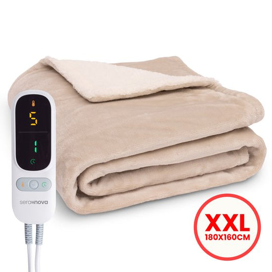 Seranova Elektrische Deken XXL - Extra Warmtedraden - Premium Model - 180x160 cm - 2 persoons Warmtedeken - Dubbelzijdig Fleece Sherpa - Crème beige