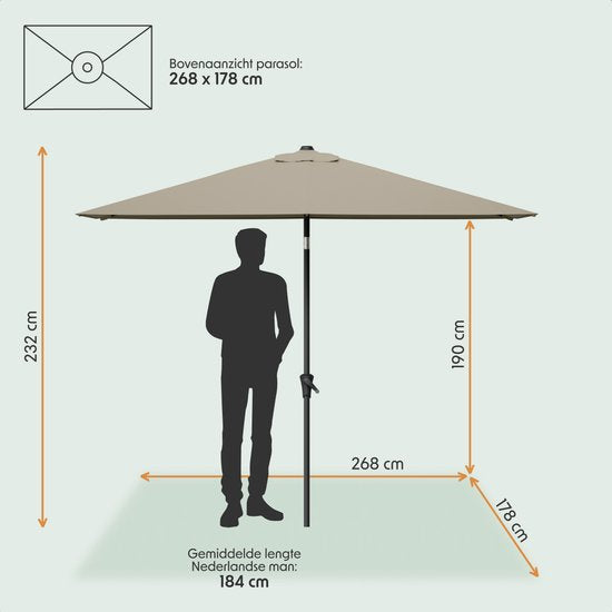 LifeGoods Parasol - Tuin - 268x178cm - 30° Kantelbaar - Waterdicht - UPF50+ - Taupe