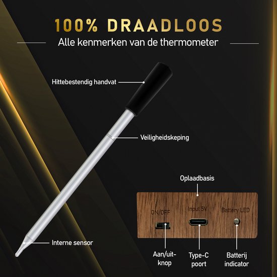 MostEssential Smart Vleesthermometer - 80M Bereik - 36 Uur - Bluetooth 5.2 - 2000mAh - Double Probe Dark Brown Edition