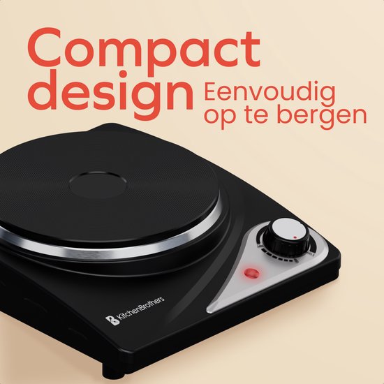 KitchenBrothers Elektrische Kookplaat - 1 Pits - Vrijstaand - 7 temperatuurstanden - 1500W - Zwart