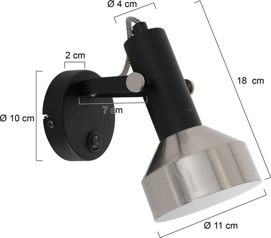 Spot Wandlamp Acier 3337ZW Zwart E27 fitting Draaibaar en Kantelbaar Metaal Mexlite