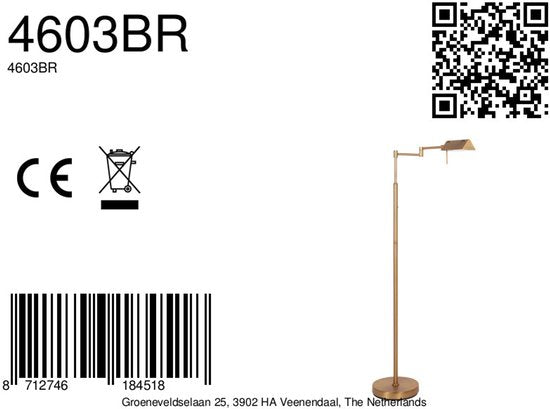 Vloerlamp GlowGo 4603BR - Bronzen klassieke vloerlamp van Mexlite met geïntegreerde accu, verstelbare arm en dimmer, hoogte 125 cm