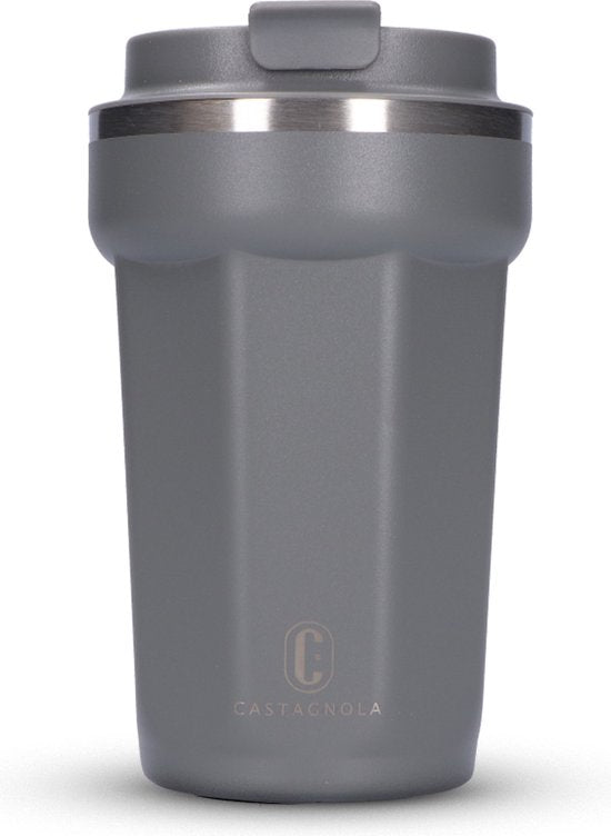 Castagnola Thermosbeker - Koffiebeker To Go - Travel Mug voor Koffie en Thee - Theebeker - 380 ML - RVS - Grijs - Octagon
