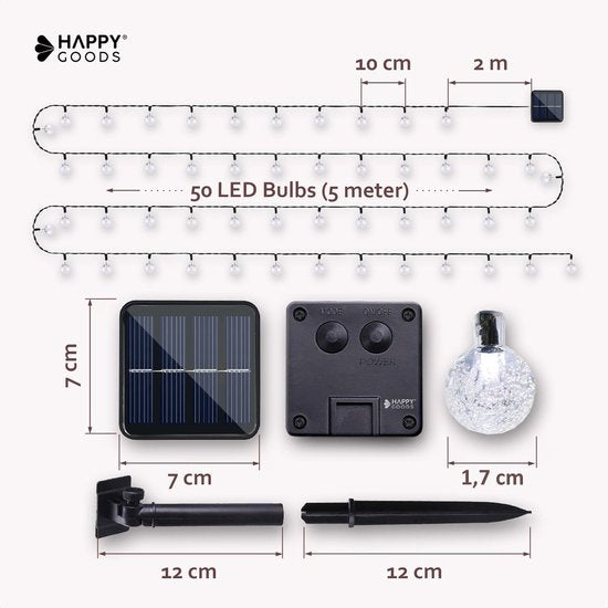 Happy Goods - kerstverlichting - 7m - 50 solar LED - Tuinverlichting op zonne-energie - Solar tuinverlichting - crystal lampjes ø 2,5 cm - Duurzaam