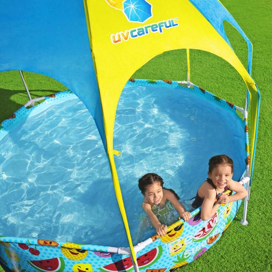 Bestway Steel Pro Kinderzwembad – UV Zonnescherm & Verkoelende Watersproeier – 244x51 cm