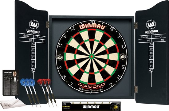 WINMAU - Professionele Dart Set met Diamond Plus Bristle Dartbord, Zwarte Kast, met 2 sets darts en officiële oche-lijn
