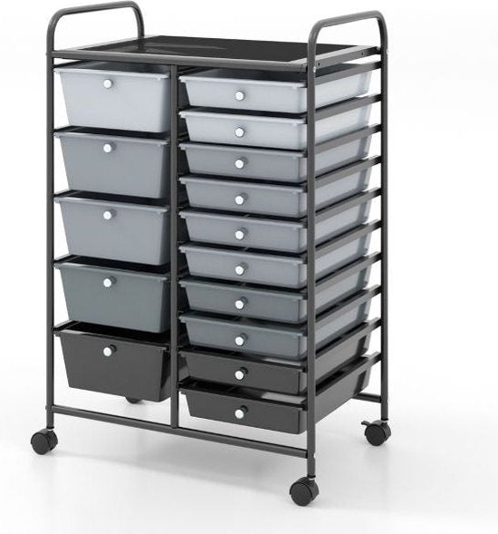 Coast Rolwagen met 15 Stapelbare Laden Ladewagen Rolcontainer met Legplank Badkamerrolwagen Opbergwagen 63 x 37 x 87 cm Zwart