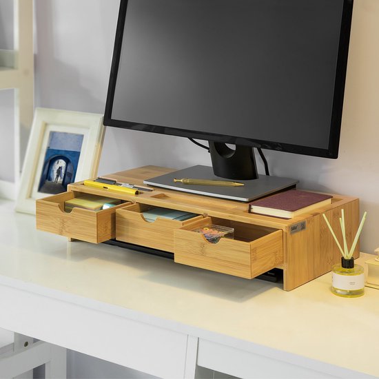 SoBuy BBF03-N Monitorstandaard Bureau-organizer met 3 Laden - Bamboe - 51x12x25cm