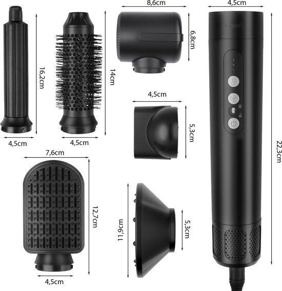 Saaf Fohnborstel 7 in 1 - 8 Delige set - Fohn - Stijl- en Krulborstel - Hairwrap - Airstyler - Multistyler - Zwart