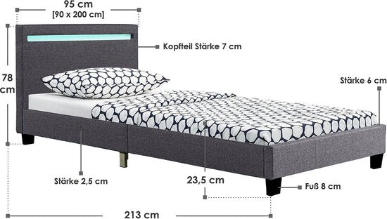 Gestoffeerd Bed Verona - 90 x 200 cm - Grijs - LED Verlichting